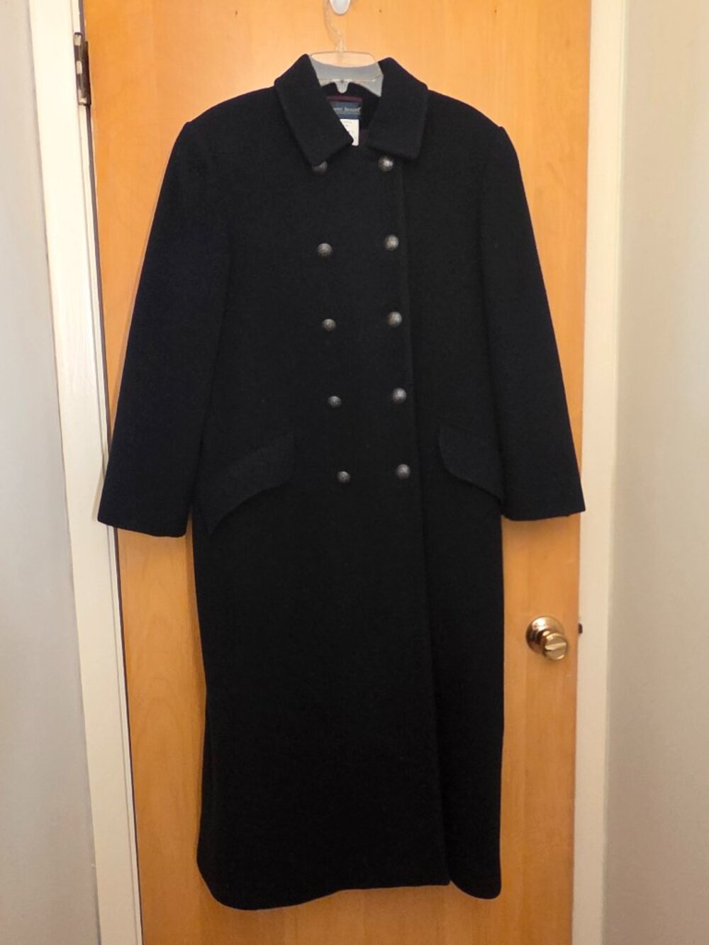 Vtg Harve Benard Double Breasted Full Length Trench Coat Size 8 Black 100% Wool